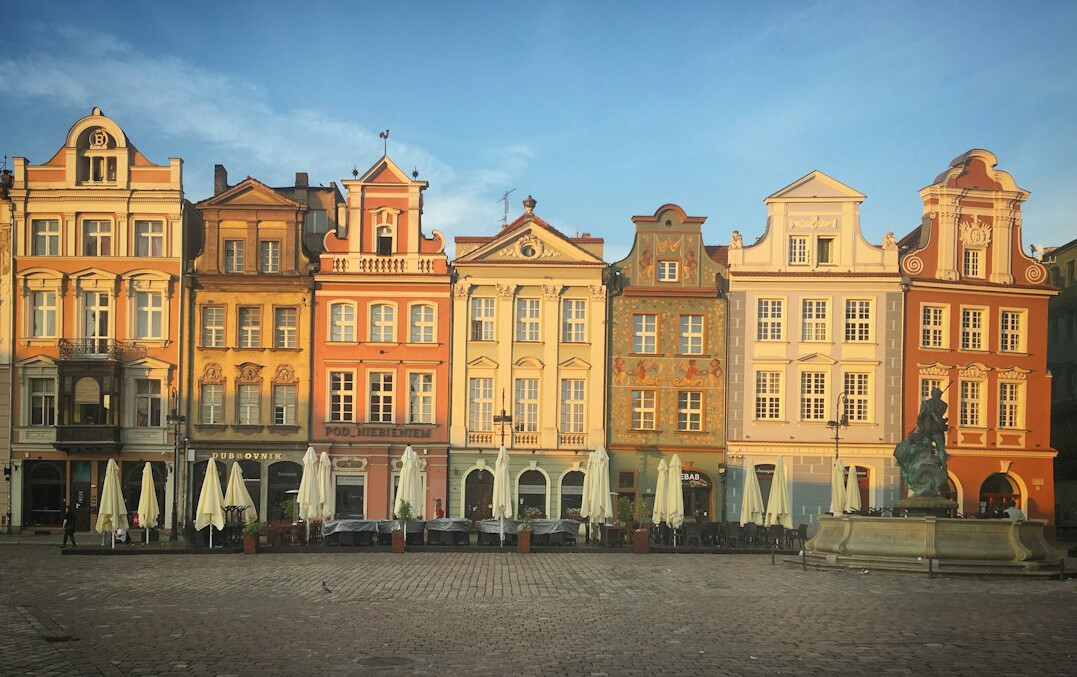 Traditional market square with vendors in a small Polish town